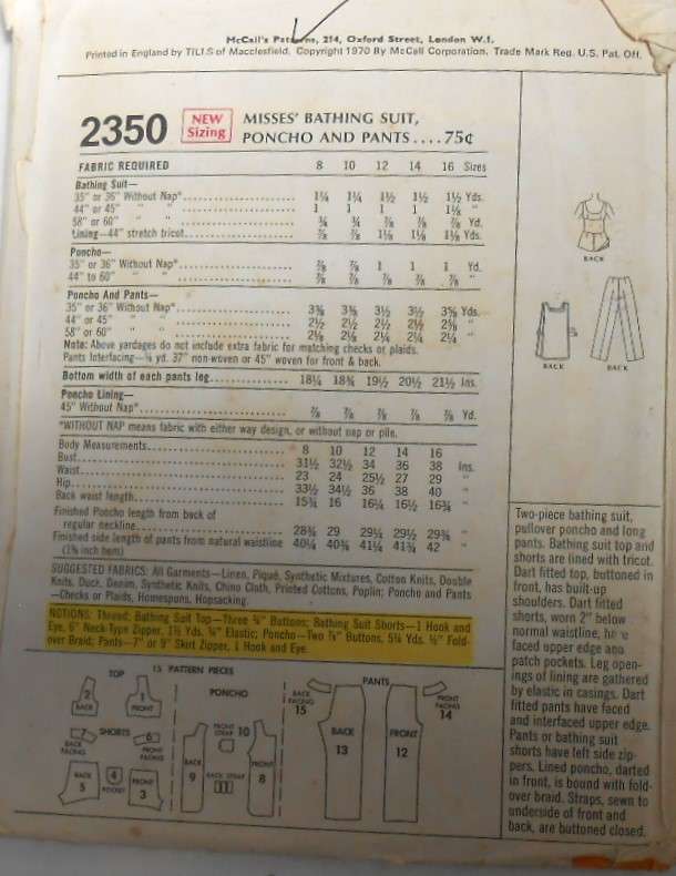 VINTAGE McCALLS 2350 BATHING SUIT-PONCHO-PANTS SIZE 16 BUST 38 COMPLETE