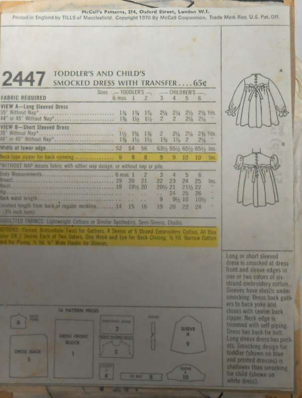 VINTAGE McCALLS 2447 GIRLS SMOCKED DRESS WITH TRANSFER SIZE4 YEARS COMPLETE