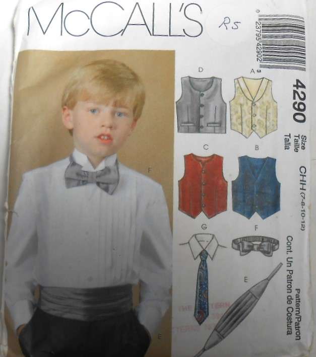McCALLS 4290 BOYS LINED WAISTCOATS CUMMERBAND BOW TIE & NECK TIE SIZE 7-8-10-12 YEARS-CUT TO 12YEARS