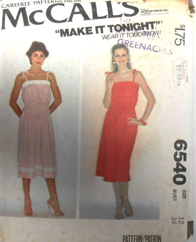 McCALLS 6540 PULLOVER DRESS & SHOESTRING STRAPS SIZE 12 BUST 34- BAND 4 NOT SUPPLIED USE 3