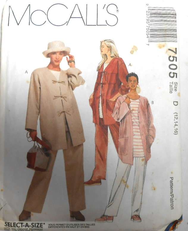 McCALLS 7505 UNLINED JACKET-TOP-PULLON PANTS SIZE 12-14-16 COMPLETE-MOSTLY UNCUT TO 16