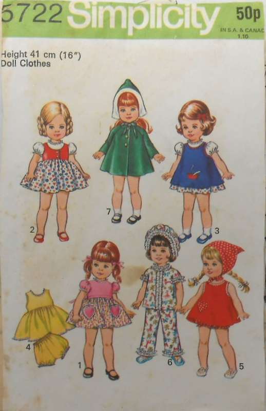 SIMPLICITY 5722 41 CM OR 16" DOLL CLOTHES SIZE 16" OR 41 CM COMPLETE--ZIPLOC
