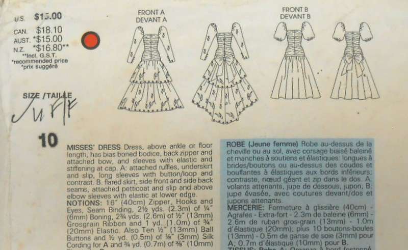 VOGUE BRIDAL 1826 RUFFLED FLARED SKIRT & BONED BODICE DRESS SIZE 10 COMPLETE-UNCUT-F/F-ZIPLOC
