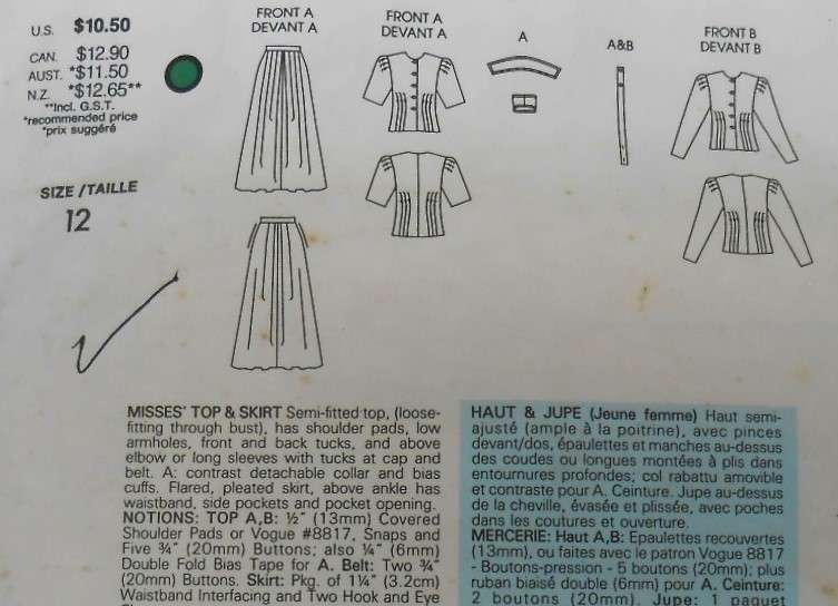 VOGUE AMERICAN DESIGNER 1861 SEMI FITTED TOP & SKIRT SIZE 12 COMPLETE