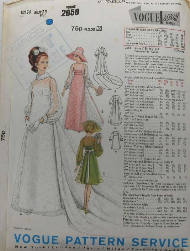 VOGUE  BRIDAL DESIGN 2058 HIGH WAISTED SHEER DRESS SIZE 14 BUST 36 OR 92 CM COMPLETE-PART CUT