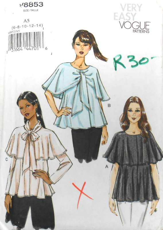 VOGUE V8853 VERY LOOSE-FITTING TOPS + CAPELET VARIATIONS SIZE 6-8-10-12-14 COMPLETE-UNCUT-F/FOLDED