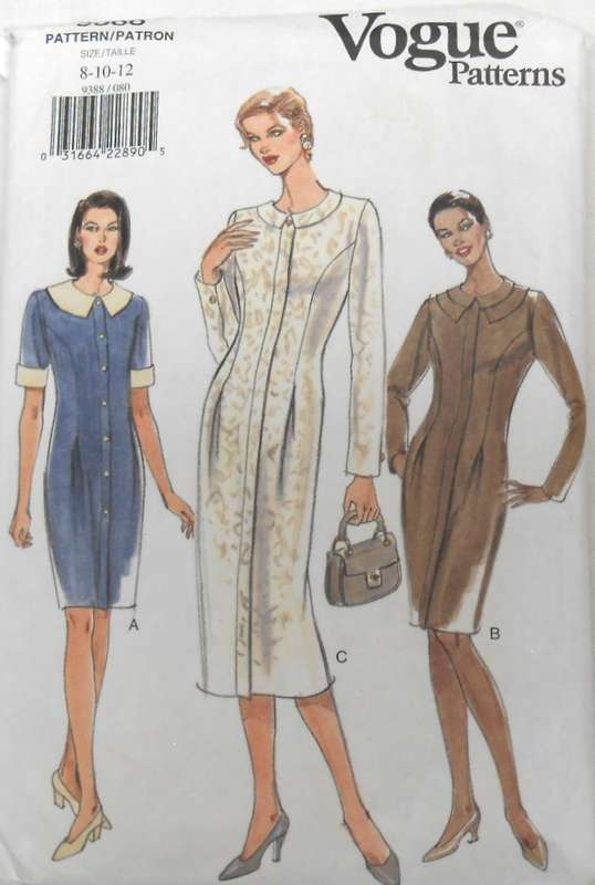 VOGUE 9388 SEMI FITTING LINED TAPERED DRESS+COLLAR VARIATIONS SIZE 8-10-12 COMPLETE CUT TO 12