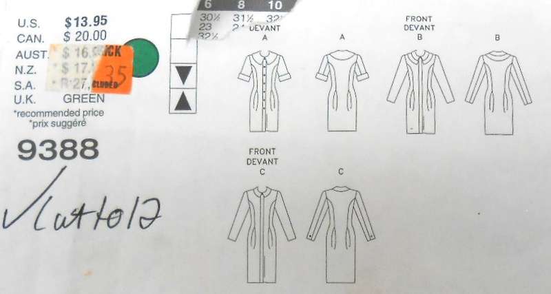 VOGUE 9388 SEMI FITTING LINED TAPERED DRESS+COLLAR VARIATIONS SIZE 8-10-12 COMPLETE CUT TO 12