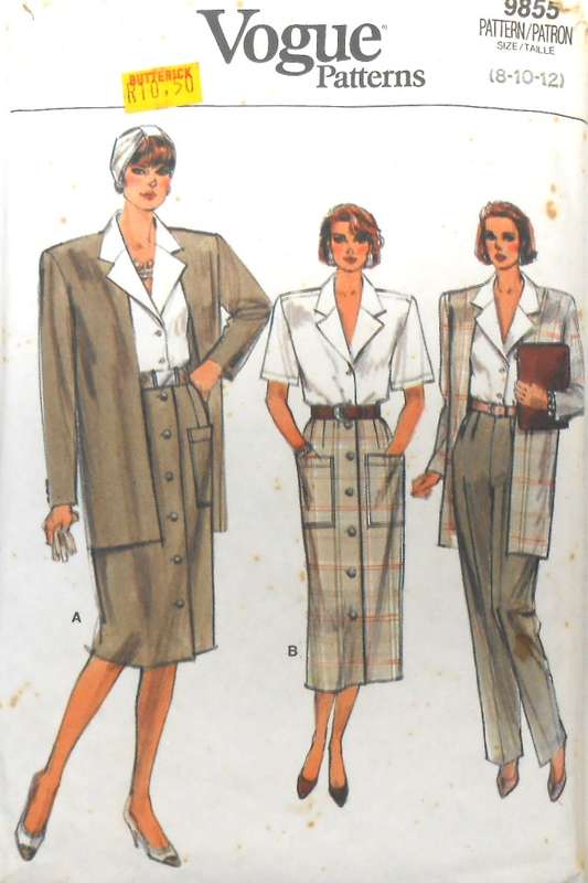 VOGUE 9855 JACKET-SKIRT-PANTS-BLOUSE SIZE 8-10-12 COMPLETE-CUT TO 12