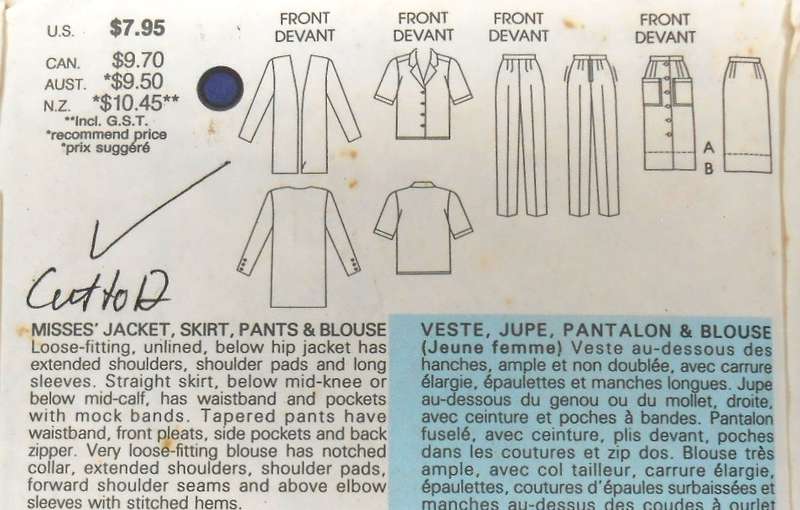 VOGUE 9855 JACKET-SKIRT-PANTS-BLOUSE SIZE 8-10-12 COMPLETE-CUT TO 12