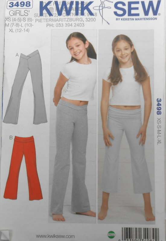 KWIK SEW 3498 GIRLS STRETCH PULL ON PANTS SIZE XS-S-M-L-XL (4-14 YEARS) COMPLETE -CUT TO XL 12-14 YR
