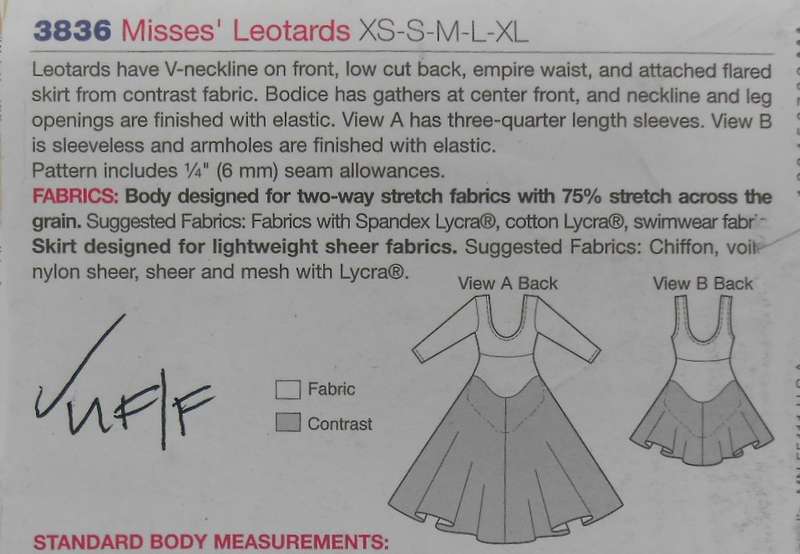 KWIK SEW 3836 LADIES LEOTARDS SIZEXS-S-M-L-XL (80-114 CM) COMPLETE-UNCUT-F/FOLDED-ZIPLOC