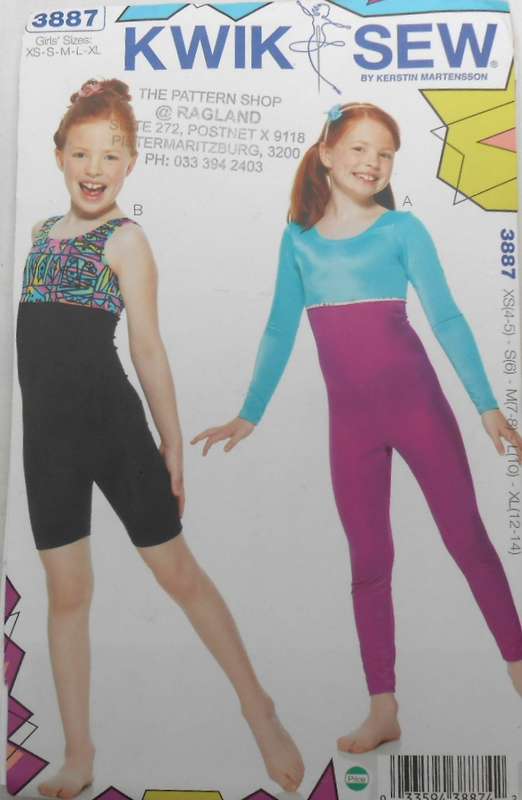 KWIK SEW 3887 GIRLS UNITARDS SIZE XS-S-M-L-XL (4-14 YEARS) COMPLETE-CUT TO 14 YEARS