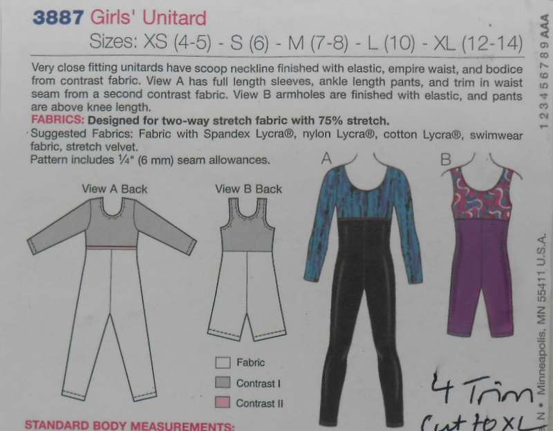KWIK SEW 3887 GIRLS UNITARDS SIZE XS-S-M-L-XL (4-14 YEARS) COMPLETE-CUT TO 14 YEARS