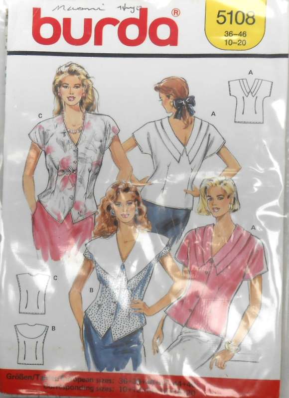 BURDA 5108 LADIES TOPS WITH COLLAR FEATURE SIZE 10-20 COMPLETE-CUT TO 12