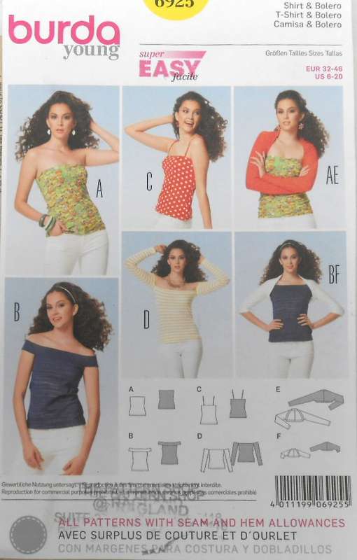 BURDA 6925 LADIES SHIRT-BOLERO-TOP-CAMI SIZE 6-20 COMPLETE-UNCUT-F/FOLDED