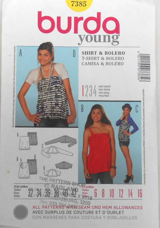 BURDA 7385 LADIES SHIRT-BOLERO SIZE 6-16 COMPLETE-UNCUT-F/FOLDED-ZIPLOC