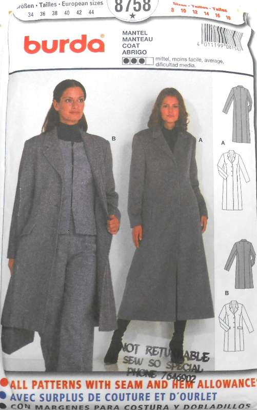 BURDA 8758 LADIES LONG COAT SIZE 8-18 COMPLETE CUT TO 18 - PATTERN TAPED