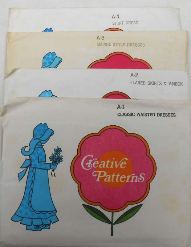 1975 CREATIVE PATTERNS A1 CLASSIC WAIST DRESS A2 FLARED SKIRT+V NECK A3 EMPIRE DRESS A4 SHIRT DRESS
