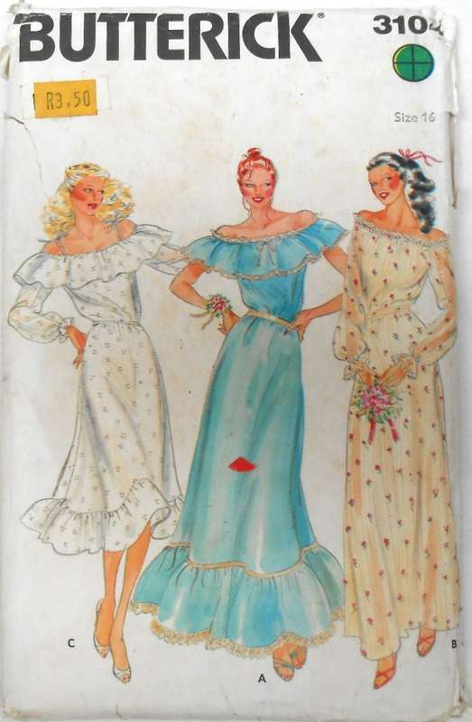 BUTTERICK 3104 OFF THE SHOULDER DRESS WITH RUFFLE SIZE 16 COMPLETE-UNCUT-F/FOLDED