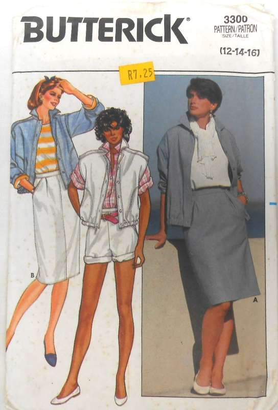 BUTTERICK 3300 JACKET-VEST-SHORTS-SKIRT SIZE 12-14-16 COMPLETE-UNCUT-F/FOLDED