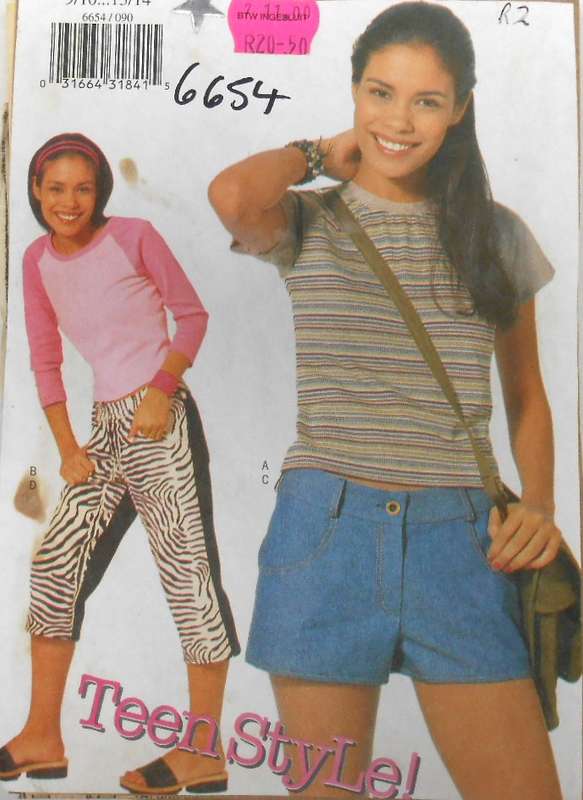 BUTTERICK 6654 JUNIOR TOP-SHORTS-PANTS SIZE 9/10-13/14 SEE L1STING-ZIPLOC