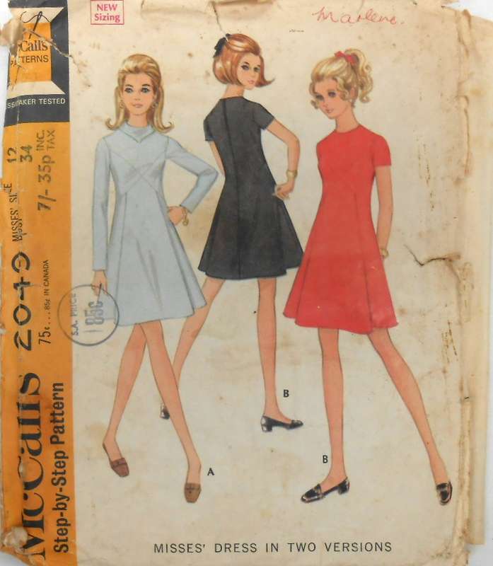 VINTAGE McCALLS 2049 DRESS IN 2 VERSONS SIZE 12 BUST 34 COMPLETE-ZIPLOC