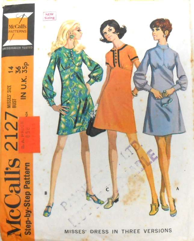 VINTAGE McCALLS 2127 DRESS IN  3 VERSONS SIZE 14 BUST 36 COMPLETE-NO SEWING INSTRUCTIONS