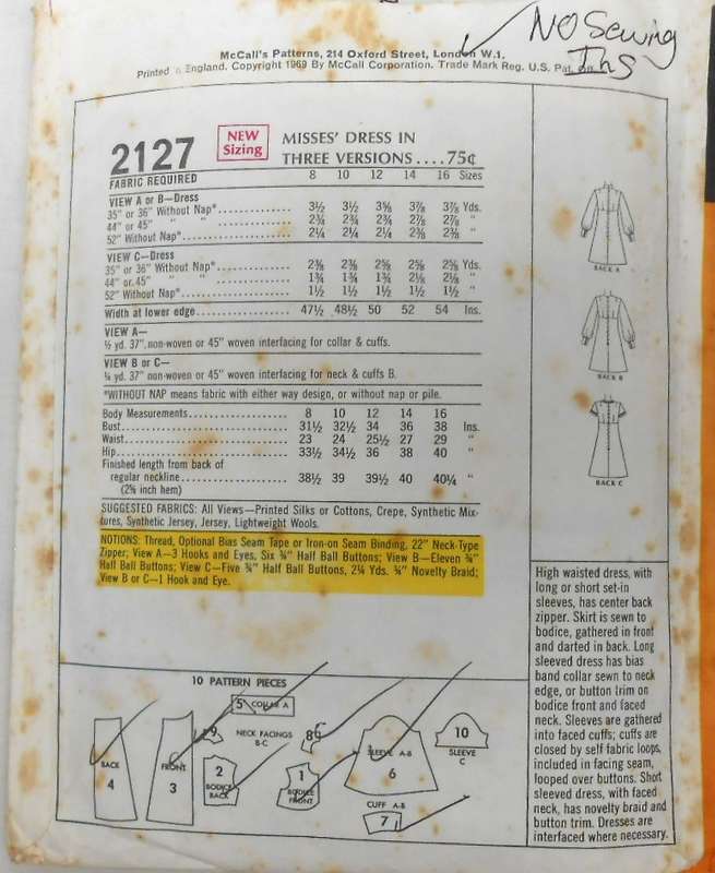 VINTAGE McCALLS 2127 DRESS IN  3 VERSONS SIZE 14 BUST 36 COMPLETE-NO SEWING INSTRUCTIONS
