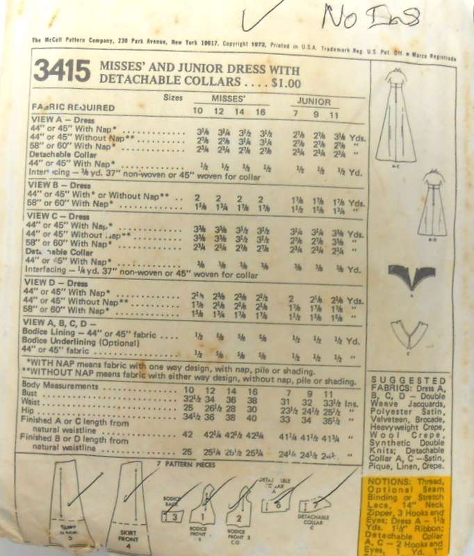 McCALLS  3415 DRESS WITH DETACHABLE COLLAR SIZE 14 BUST 36 COMPLETE-NO SEWING INSTRUCTIONS-ZIPLOC