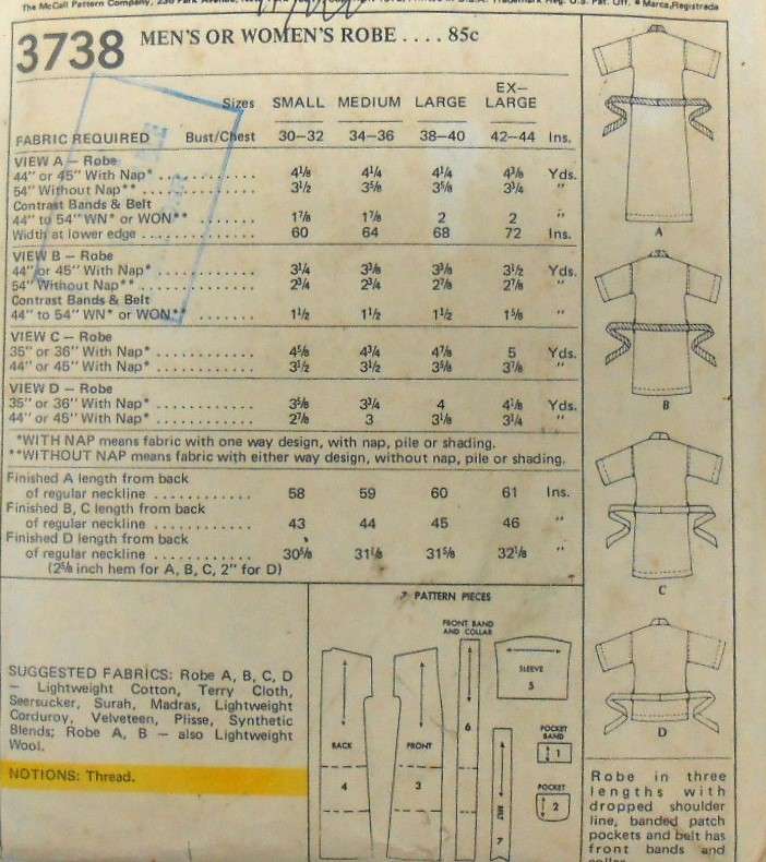 McCALLS  3738 UNISEX ROBE SIZE EX LARGE 42-44 COMPLETE-(LENGTH CUT-BOTH PIECES H/W)