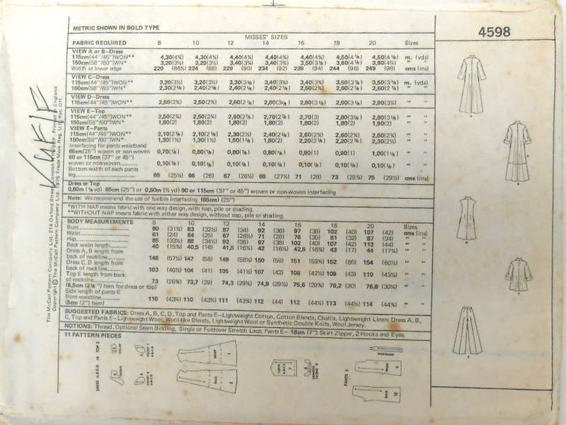 McCALLS 4598 DRESS-TOP-PANTS SIZE 14 BUST 92 CM-COMPLETE-UNCUT-F/FOLDED