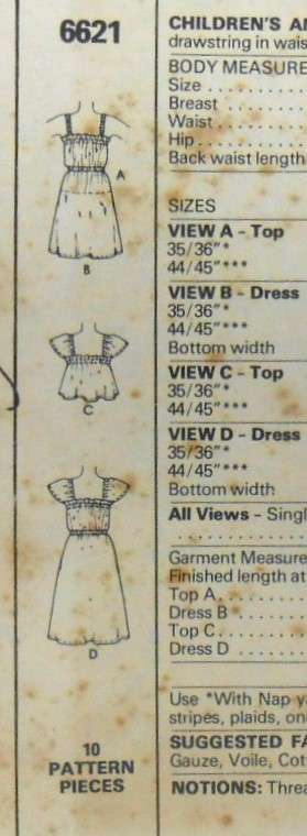 McCALLS 6621 GIRLS DRESS OR TOP S1ZE 6 YEARS COMPLETE