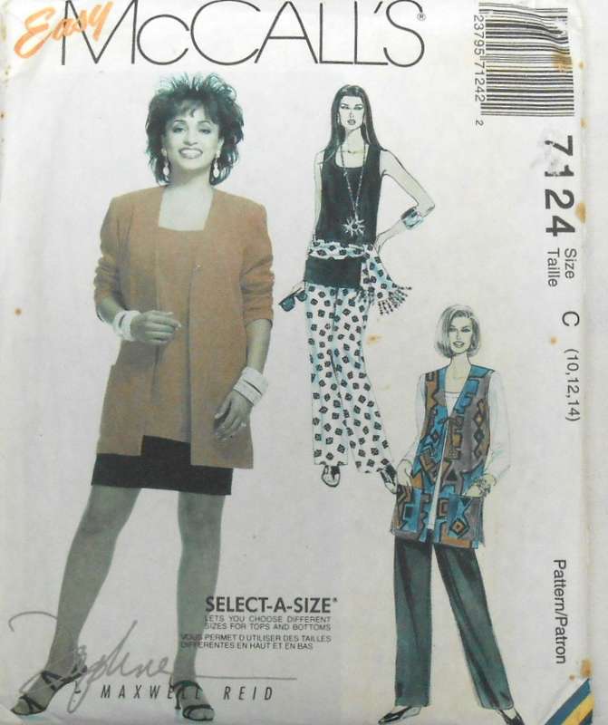 McCALLS 7124 UNLINED JACKET-WAISTCAT-TOP-PULLON PANTS-SKIRT-SASH SIZE 10-12-14 COMPLETE-UNCUT-F/F