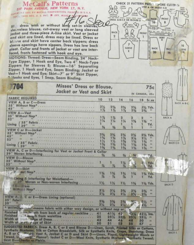 VINTAGE McCALLS 7704 DRESS-BLOUSE-JACKET-WAISTCOAT-SKIRT SIZE 18 BUST 38 SEE LISTING-ZIPLOC