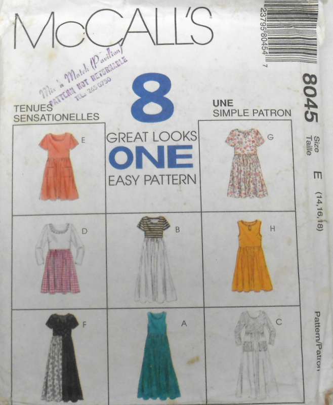 McCALLS 8045 EMIRE WAIST DRESS - 8 LOOKS IN 1 STYLE SIZE 14-16-18 SEE LISTING