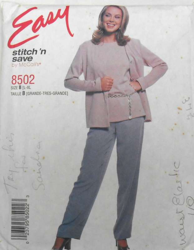 McCALLS 8502 JACKET-TOP-PULLON PANTS SIZE L-XL ((16-22) COMPLETE-CUT TO XL