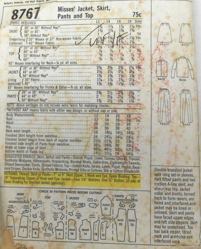 VINTAGE McCALLS 8767 JACKET-TOP-SKIRT-PANTS SIZE 16 BUST 36 COMPLETE-UNCUT-F/FOLDED-ZIPLOC
