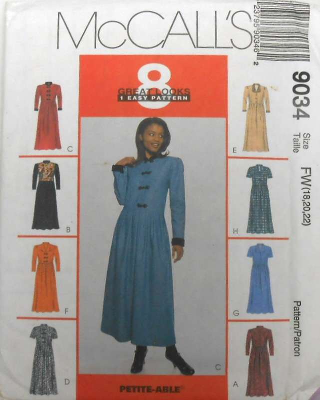 McCALLS 9034 EASY FITTING DRESS WITH COLLAR+SLEEVE VARIATIONS SIZE 18-20-22 COMPLETE-UNCUT-F/FOLDED