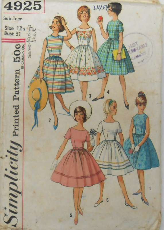 VINTAGE SIMPLICITY 4925 TEENS ONE PIECE DRESS SIZE 12S BUST 32  SEE LISTING -ZIPLOC