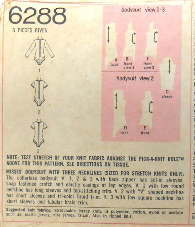 SIMPLICITY 6288 BODYSUIT WITH THREE NECKLINES SIZE 10 BUST 32 1/2-COMPLETE