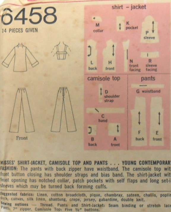 SIMPLICITY 6458 SHIRT/JACKET-CAMISOLE TOP-PANTS SIZE14 BUST 36 COMPLETE