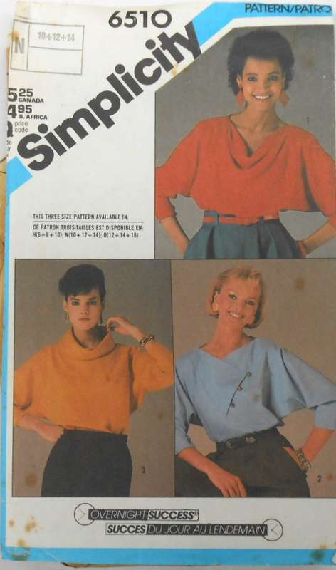 SIMPLICITY 6510 PULLOVER TOP WITH NECK VARIATIONS SIZE 10-12-14 COMPLETE-ZIPLOC