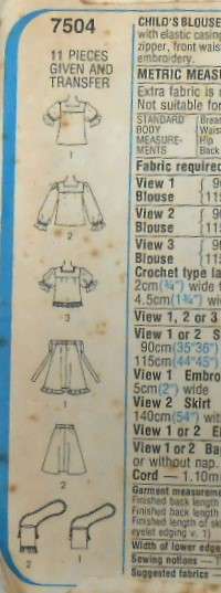 SIMPLICITY 7504 GIRLS BLOUSE-BIAS SKIRT-BAG SIZE 3 YEARS CHEST 56 CM COMPLETE