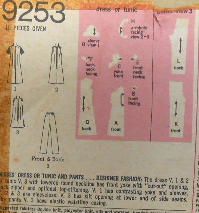 SIMPLICITY 9253 DESIGNER FASHION DRESS-TUNIC-PANTS SIZE 14 BUST 36 COMPLETE-ZIPLOC