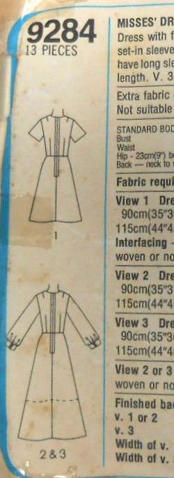 SIMPLICITY 9284 DRESS WITH TIE BELT SIZE 14 BUST 92 CM NO SLEEVE PATTERN SUPPLIED