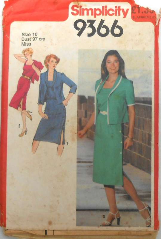 SIMPLICITY 9366 SIDE BUTTON DRESS & UNLINED JACKET SIZE 16 BUST 97 CM COMPLETE-UNCUT-F/FOLDED