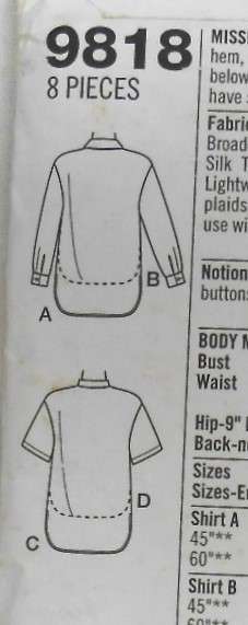 SIMPLICITY 9818 LOOSE FITTING FRONT BUTTON SHIRT SIZE 6-8-10 COMPLETE CUT TO 10
