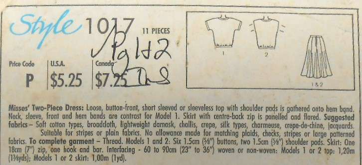 STYLE 1017 TWO PIECE DRESS SIZE 8-10-12-14 COMPLETE- PG 1/2 OF INSTRUCTIONS NOT SUPPLIED
