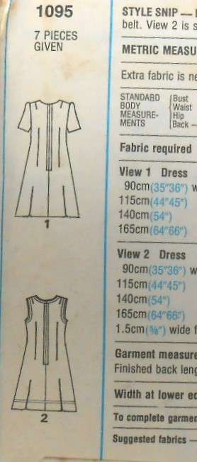 STYLE 1095 DRESS WITH V NECK & CENTRE SEAM SIZE10 BUST 83 CM COMPLETE